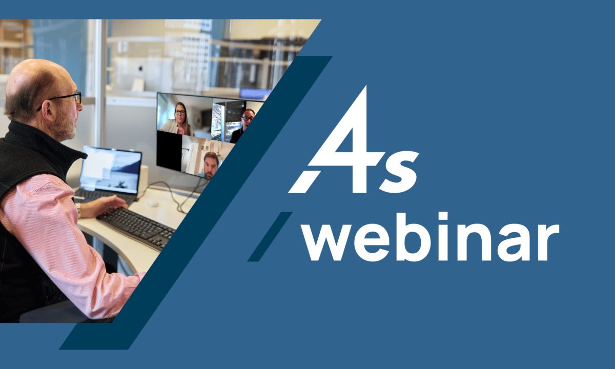 Promotional graphic for a '4As Webinar,' featuring a man participating in a video conference with four visible participants on his monitor, set against a blue background with bold text.
