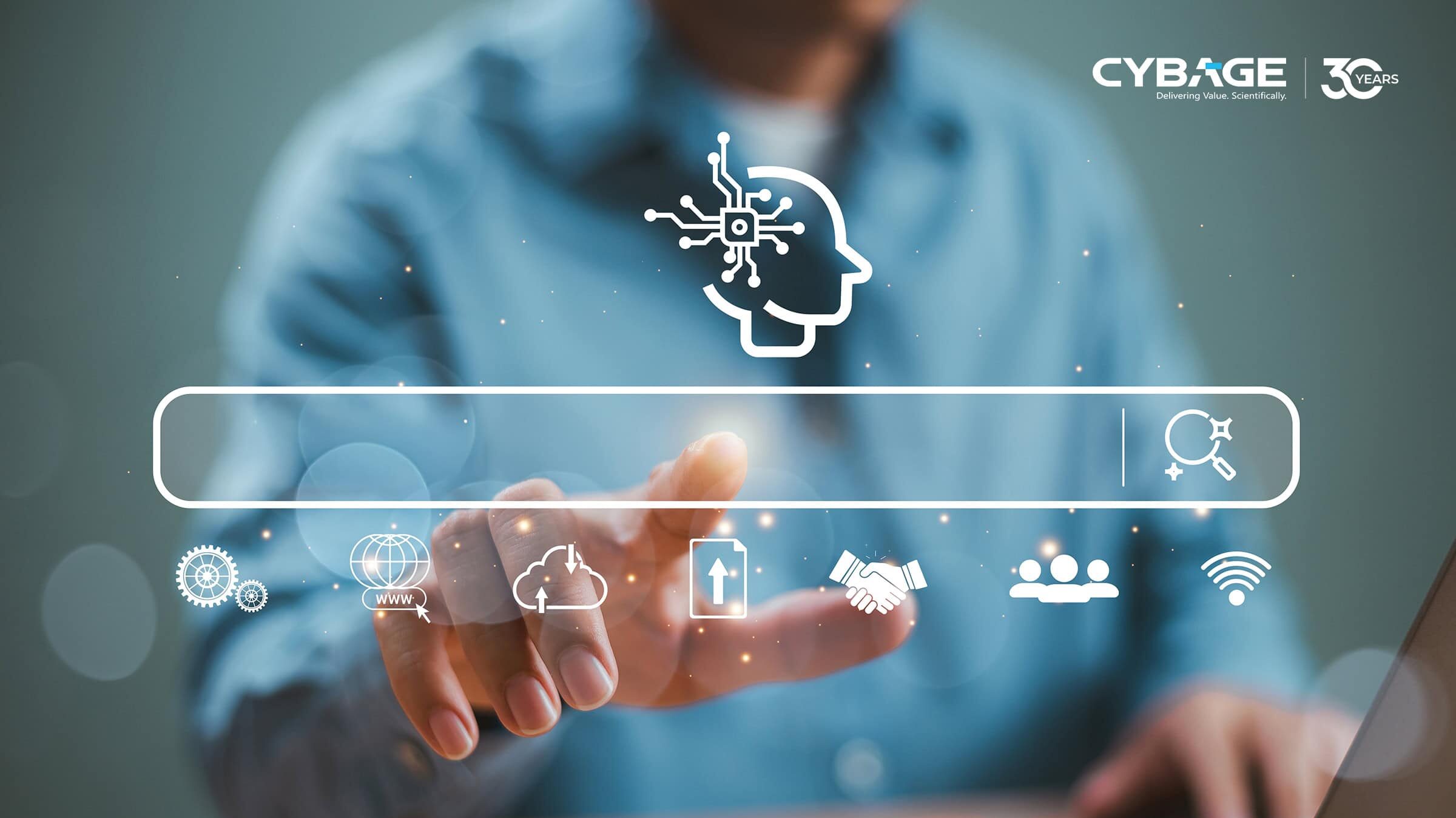 A person in a blue shirt interacts with a transparent virtual search bar. Icons above include a brain, cloud, and wifi. The tone is futuristic and innovative.