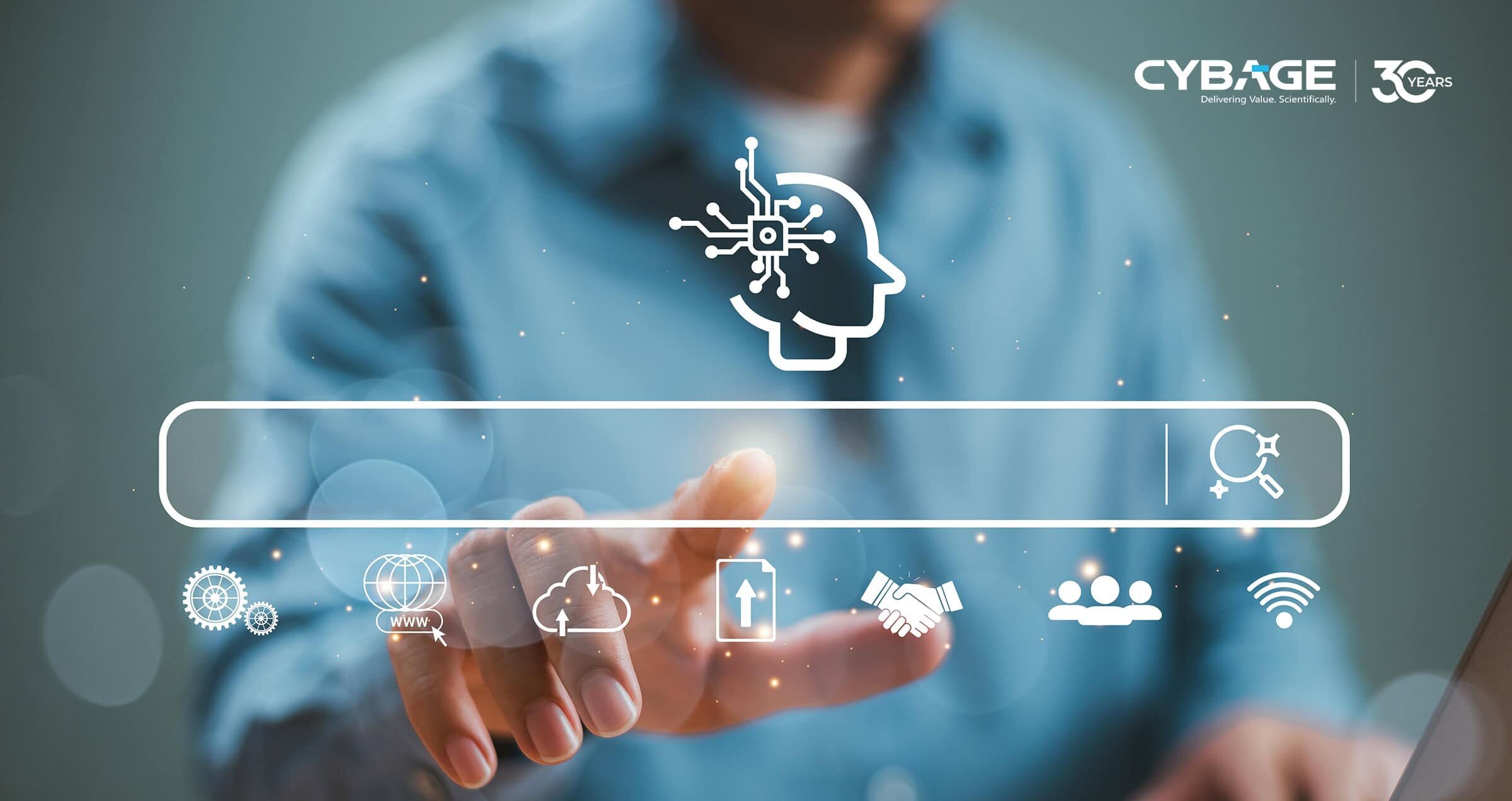 A person in a blue shirt interacts with a transparent virtual search bar. Icons above include a brain, cloud, and wifi. The tone is futuristic and innovative.