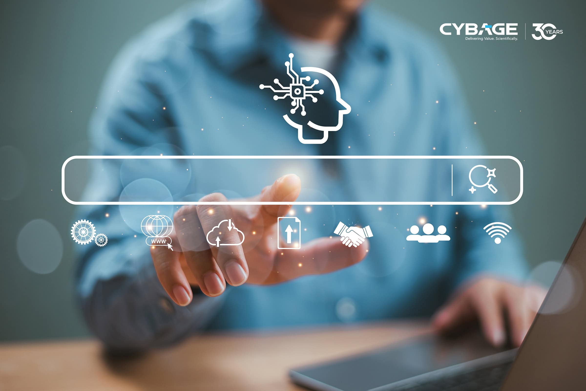 A person in a blue shirt interacts with a transparent virtual search bar. Icons above include a brain, cloud, and wifi. The tone is futuristic and innovative.