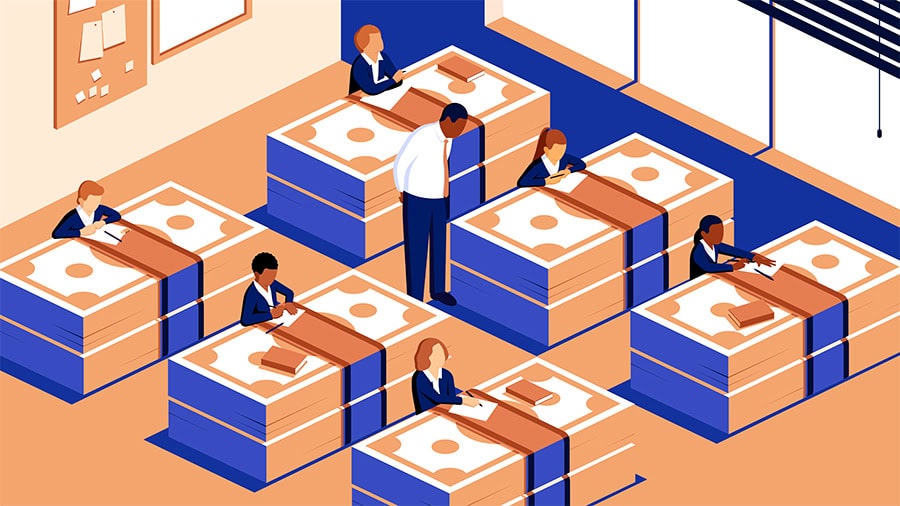Illustration of people working at desks made of giant stacks of cash. A person stands supervising. The scene suggests themes of wealth and business.