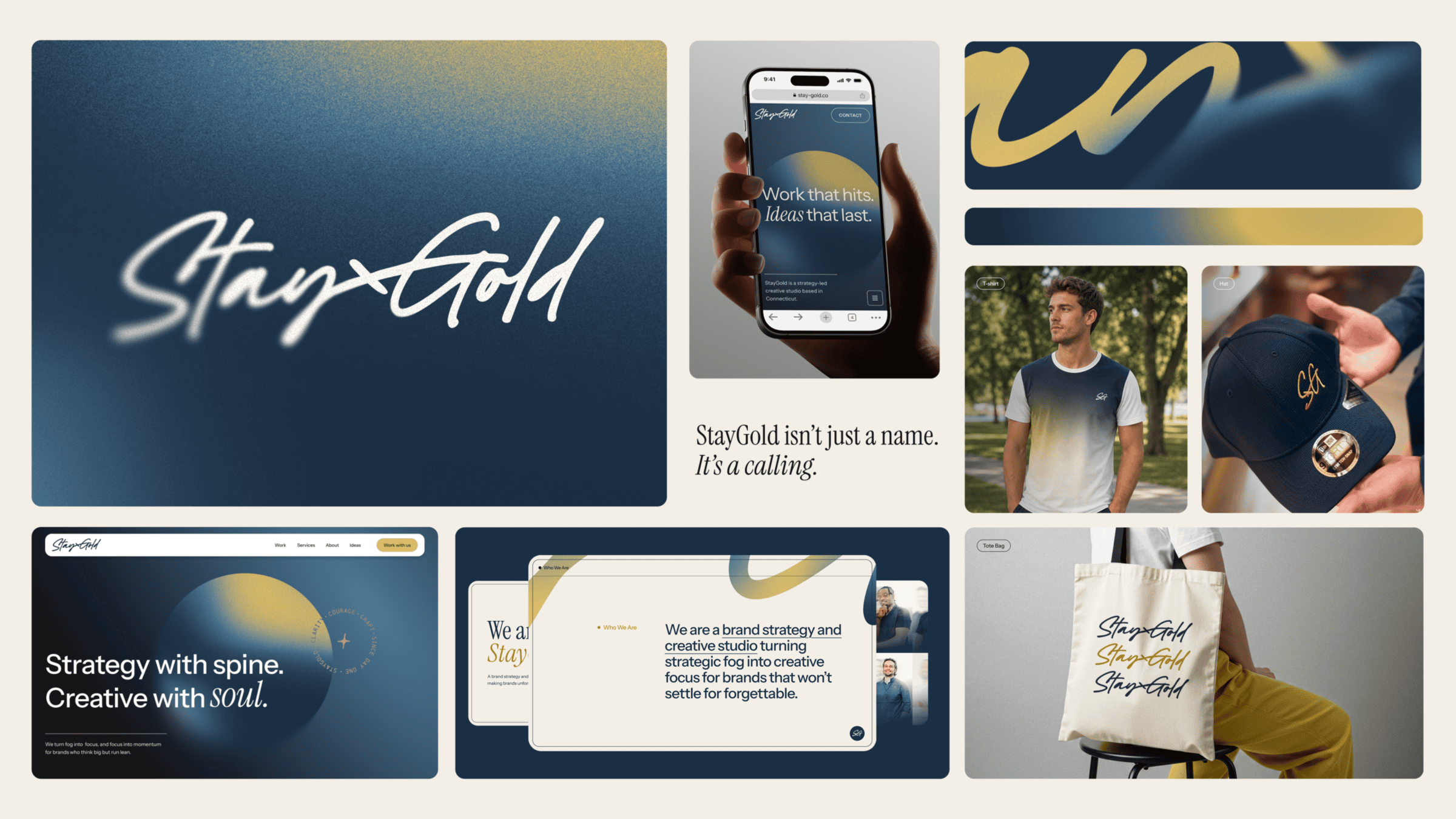 Collage displaying "Stay Gold" branding: a gradient logo, phone screen, stylish apparel and merchandise, and sleek website designs, all in a modern style.
