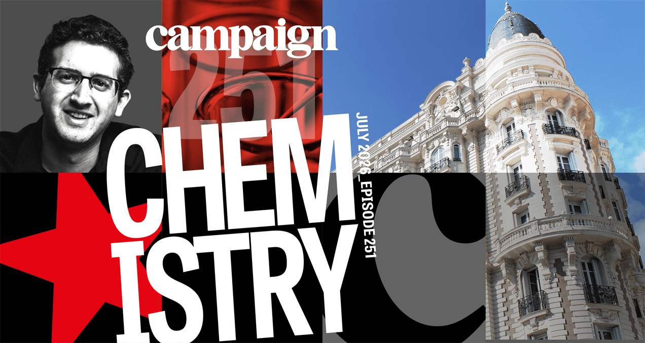 A collage image with a monochrome photo of a smiling man, bold white text reading "CHEMISTRY," a red star, and a classic beige building under a blue sky.