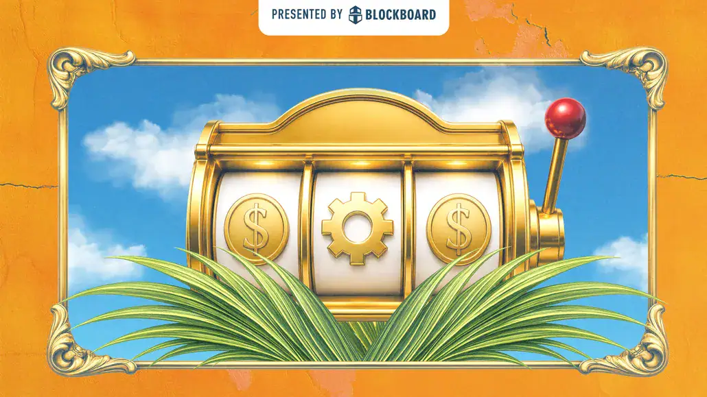 A golden slot machine with dollar signs and a gear icon is framed in an ornate border against a blue sky with clouds. Green leaves are at the bottom.